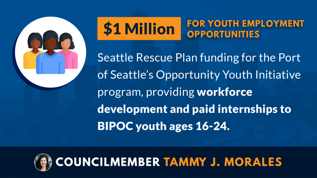 Graphic. Says $1 million for youth employment opportunities through the Port of Seattle's Opportunity Youth Initiative program.