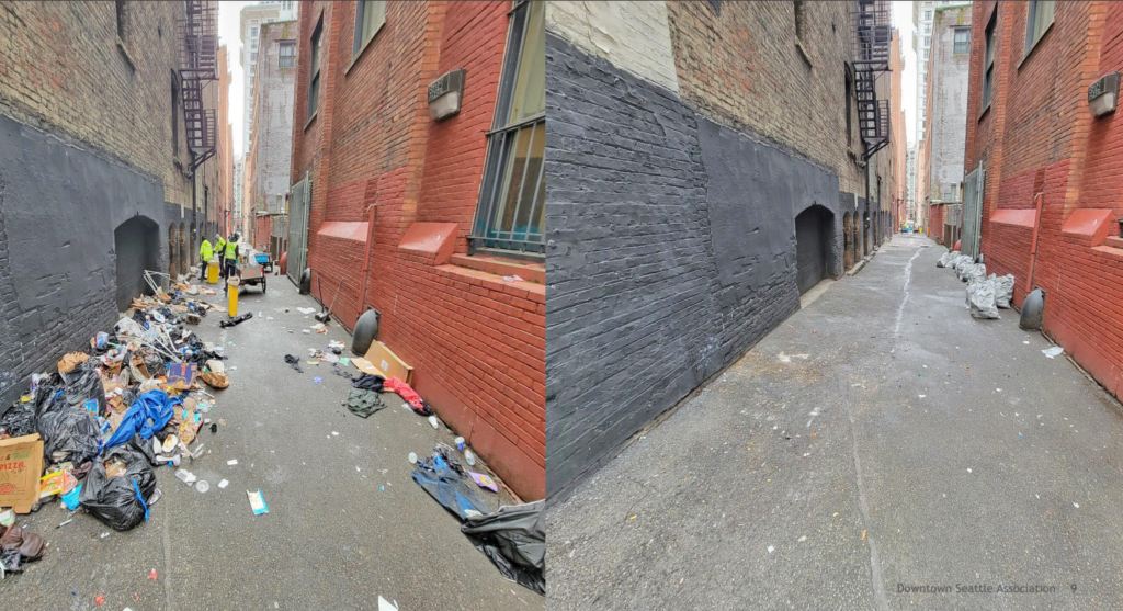 A before and after showing MID's work to clean an alley downtown. 