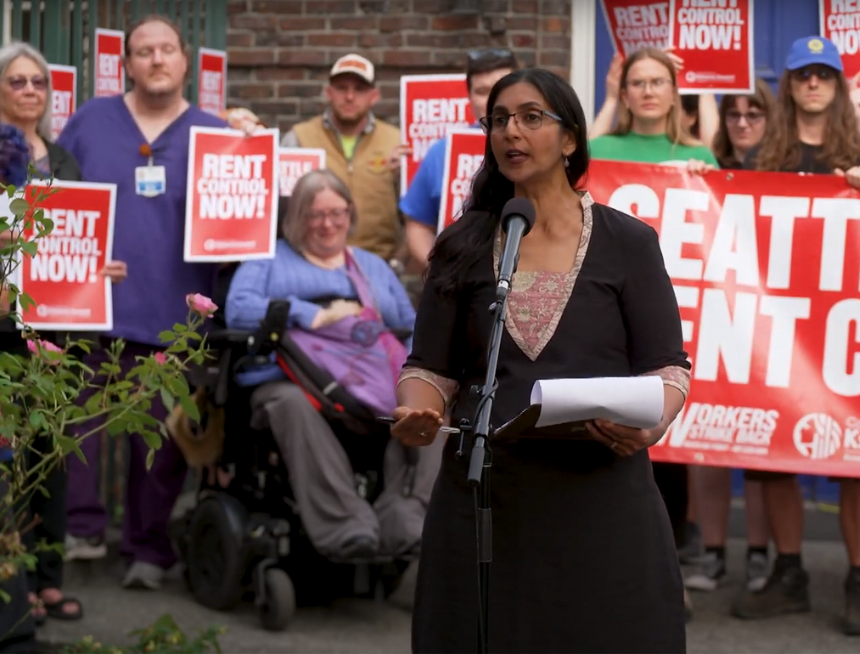 Seattle City Councilmember Kshama Sawant speaks during a press conference advocating for rent control legislation she is sponsoring.