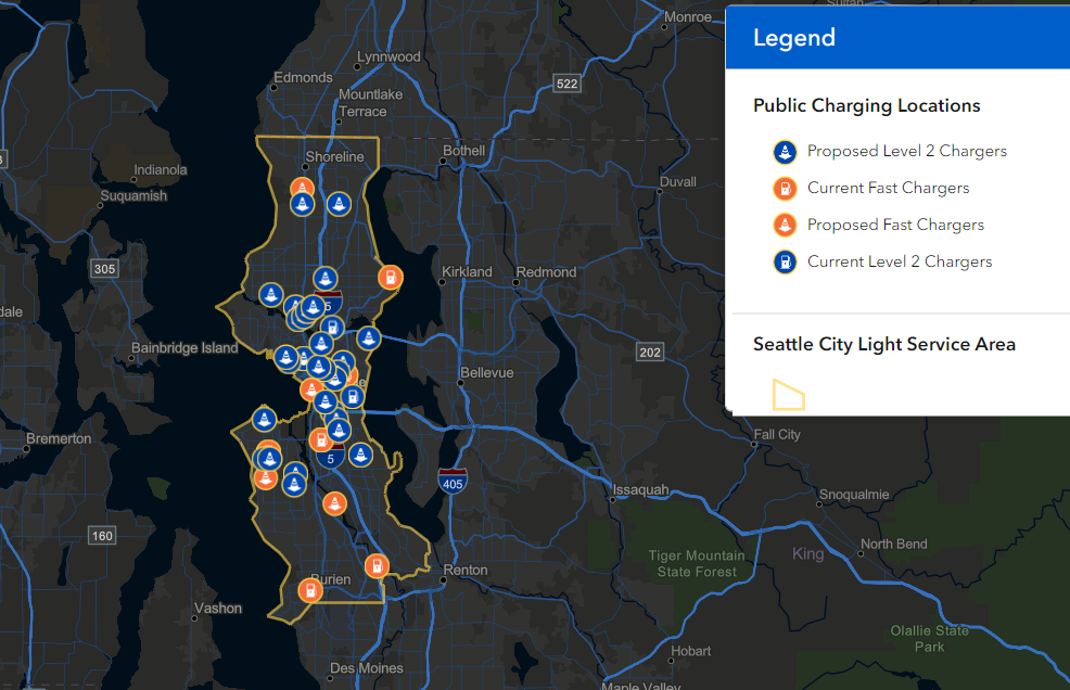 A map of current and proposed Seattle City Light EV charging stations. 
