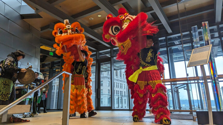 Dancers celebrate Lunar New Year at Seattle City Hall.