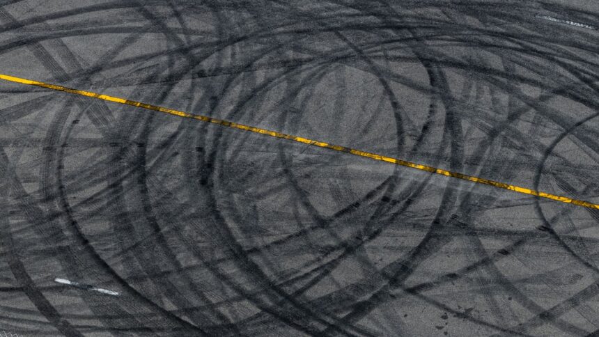 Tire marks on a road.