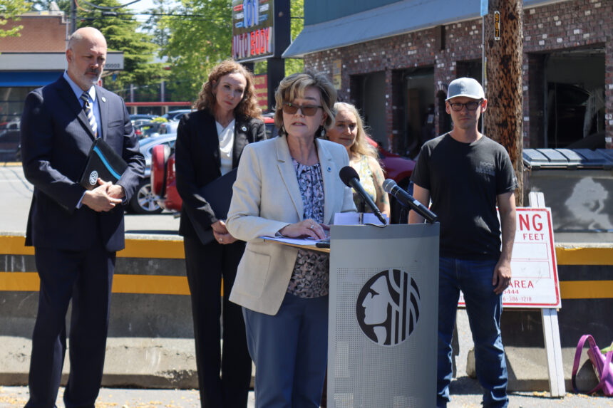 Seattle City Councilmember Cathy Moore at a press conference near Aurora Avenue.