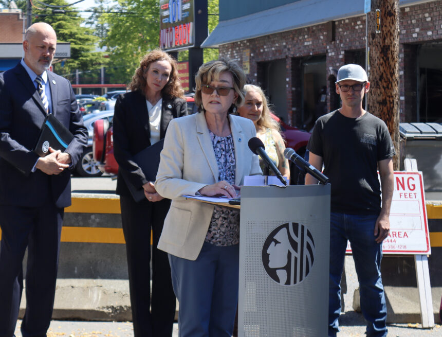 Seattle City Councilmember Cathy Moore at a press conference near Aurora Avenue.