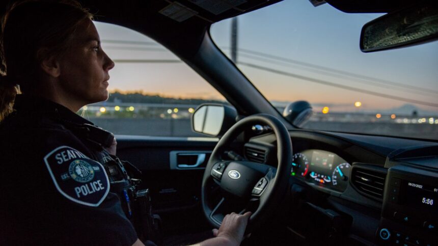 Police officer driving.