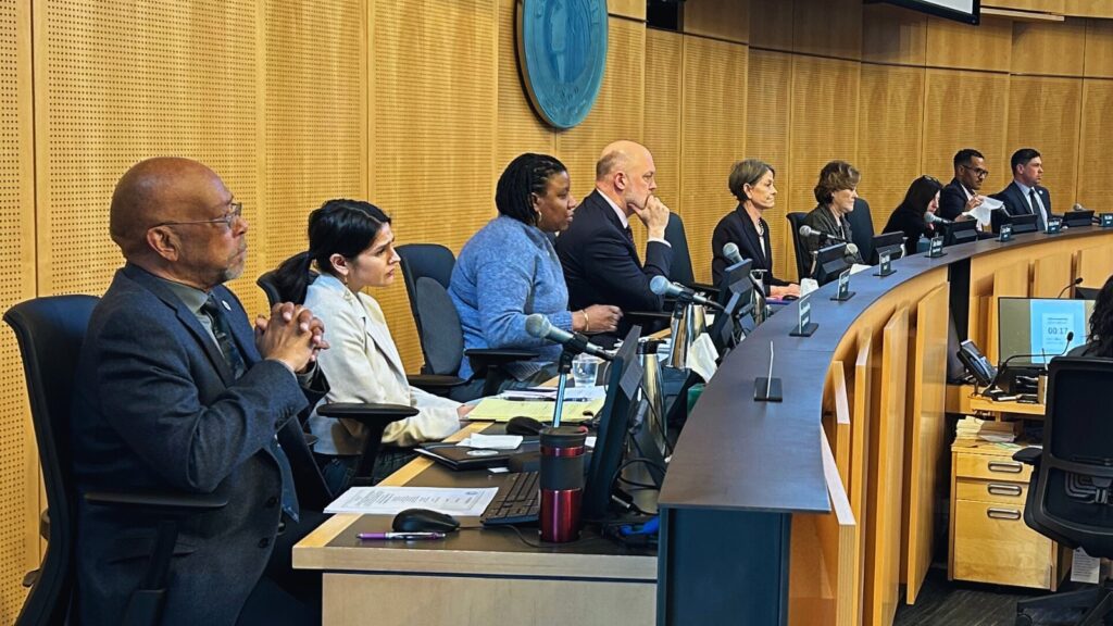 Nine members of the Seattle City Council listen to constituents speak during public comment. 