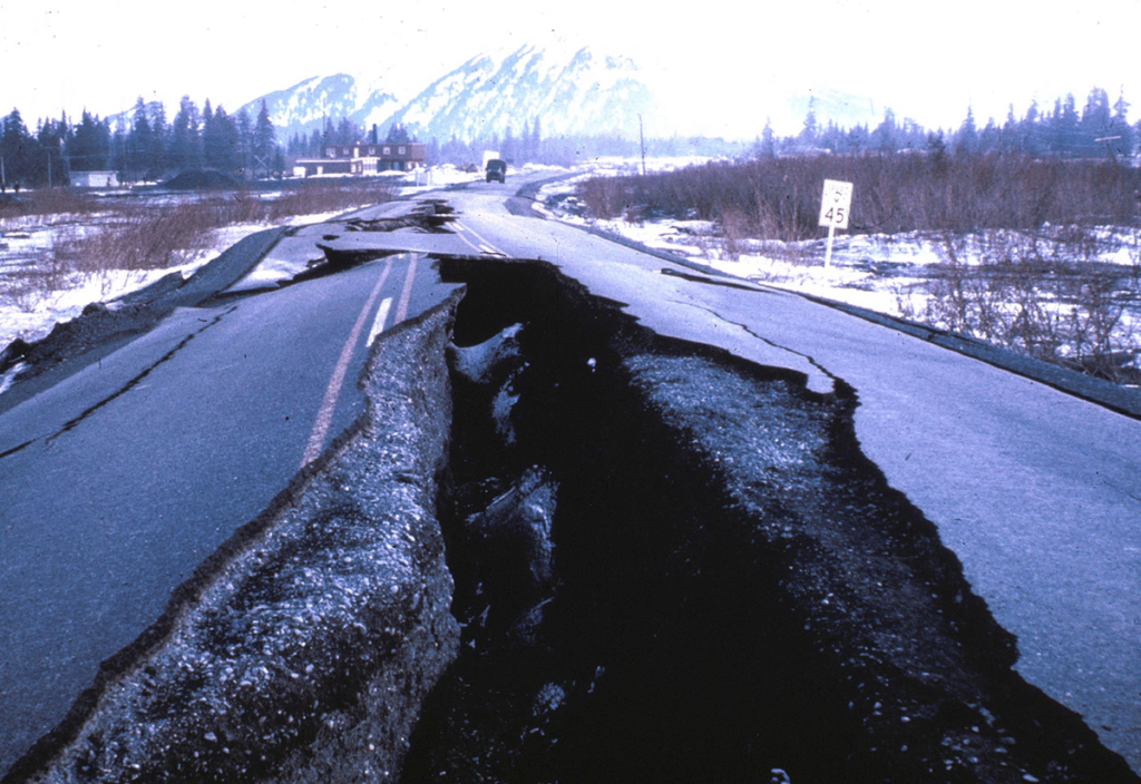 Large crack in highway due to seismic activity. 