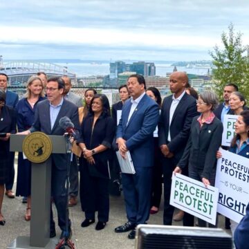 Councilmember Rivera joins state and local official at a press briefing on Saturday's expected demonstrations.