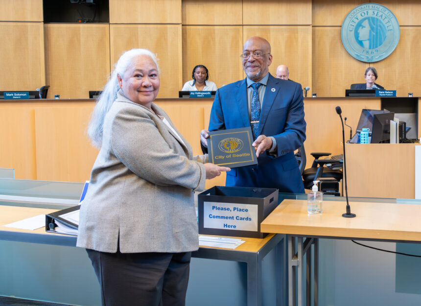 Wing Luke Museum interim Executive Director Kamahanahokulani Farrar Law receiving the "Wing Luke Year in Seattle" proclamation