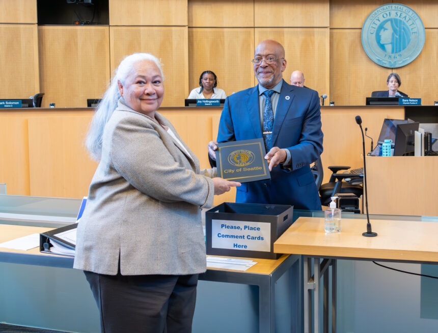 Wing-Luke-Proclamation Wing Luke Museum interim Executive Director Kamahanahokulani Farrar Law receiving the "Wing Luke Year in Seattle" proclamation