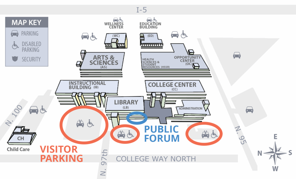 graphic map of North Seattle College which shows the Library building circled in blue