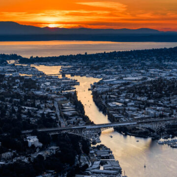 aerial view of Lake Washington ship canal at sunset