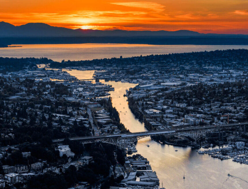 aerial view of Lake Washington ship canal at sunset