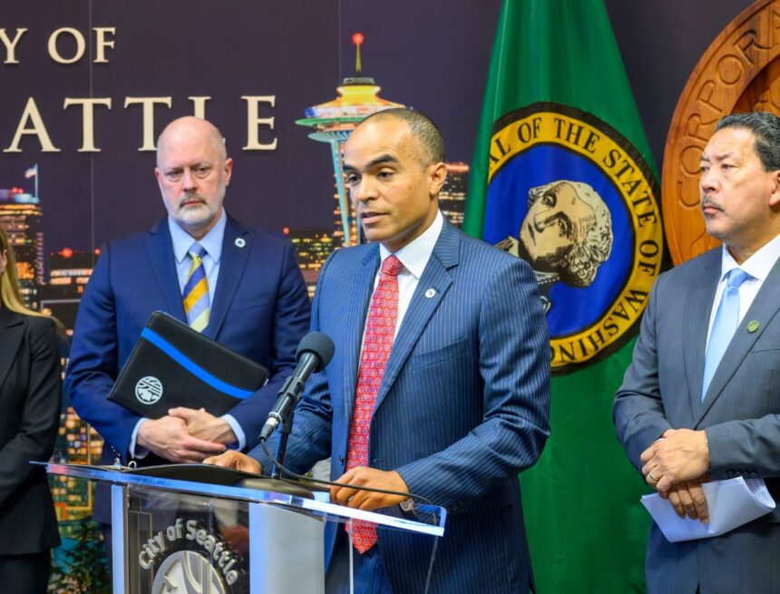 Washington Attorney General Nick Brown speaks at a City of Seattle press conference.