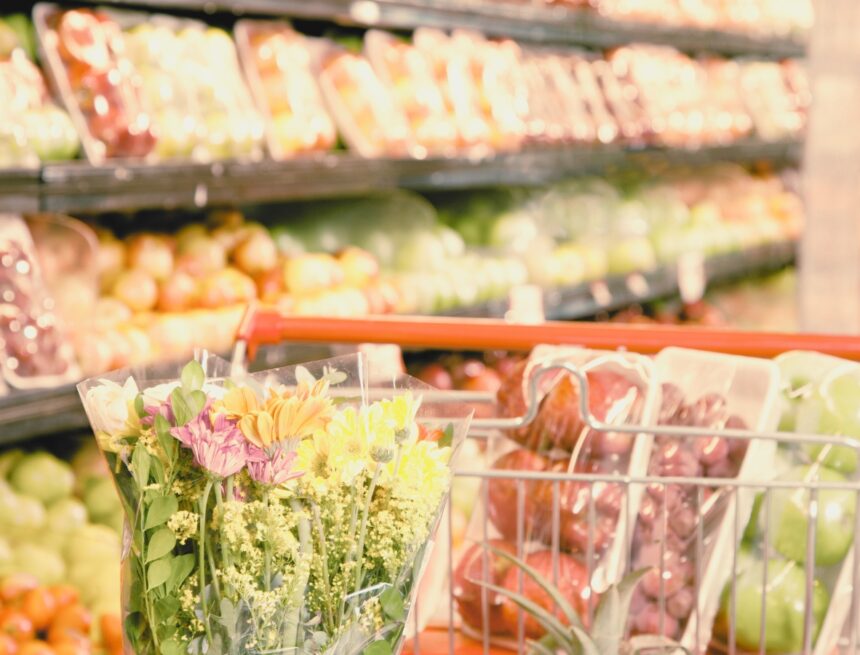 Grocery-Store fresh produce in a grocery cart in a grocery store aisle