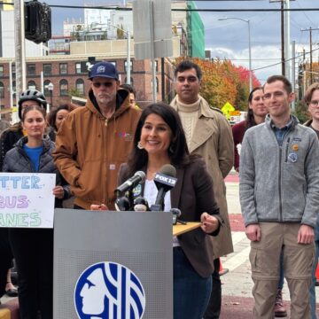 Rinck-Better-Bus Councilmember Rinck joined by stakeholders at a transit press conference.