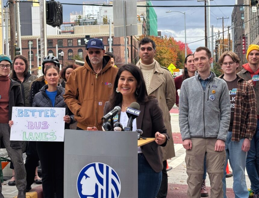 Rinck-Better-Bus Councilmember Rinck joined by stakeholders at a transit press conference.