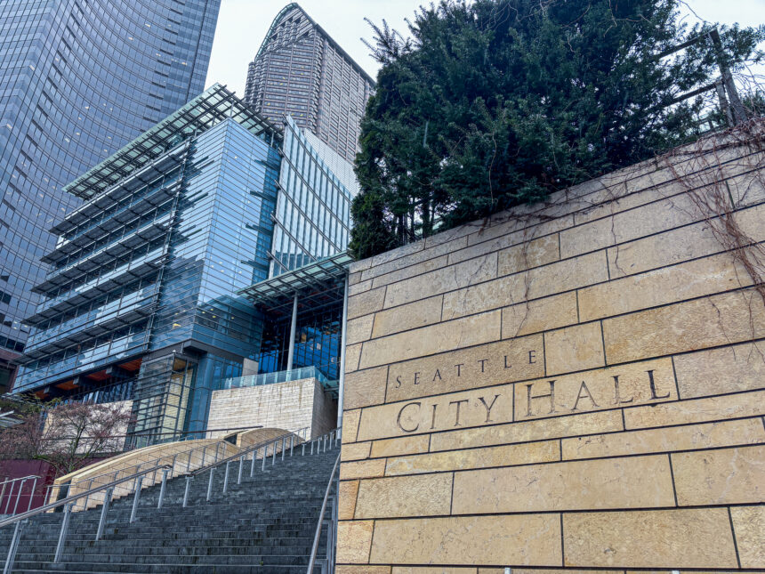 Front view of Seattle City Hall on a rainy, cloudy day