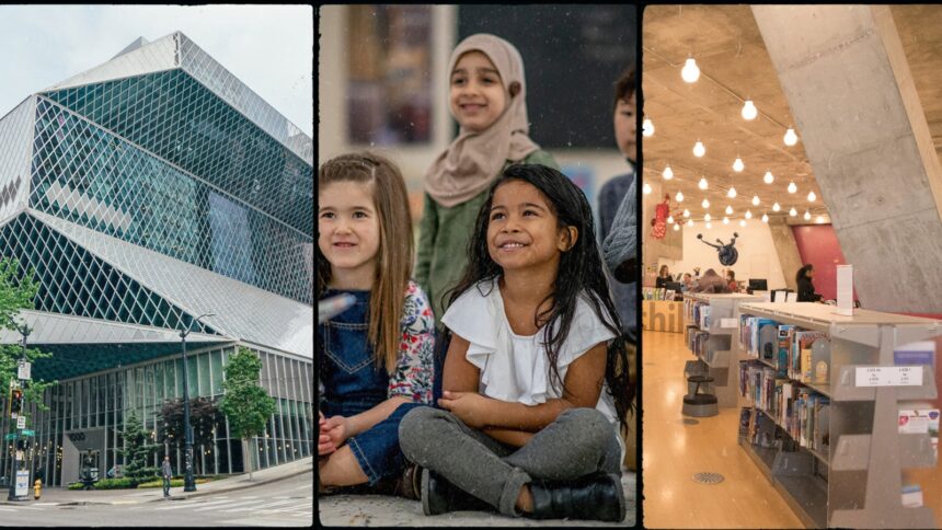 collage of library, kids being read to, and library facilities.
