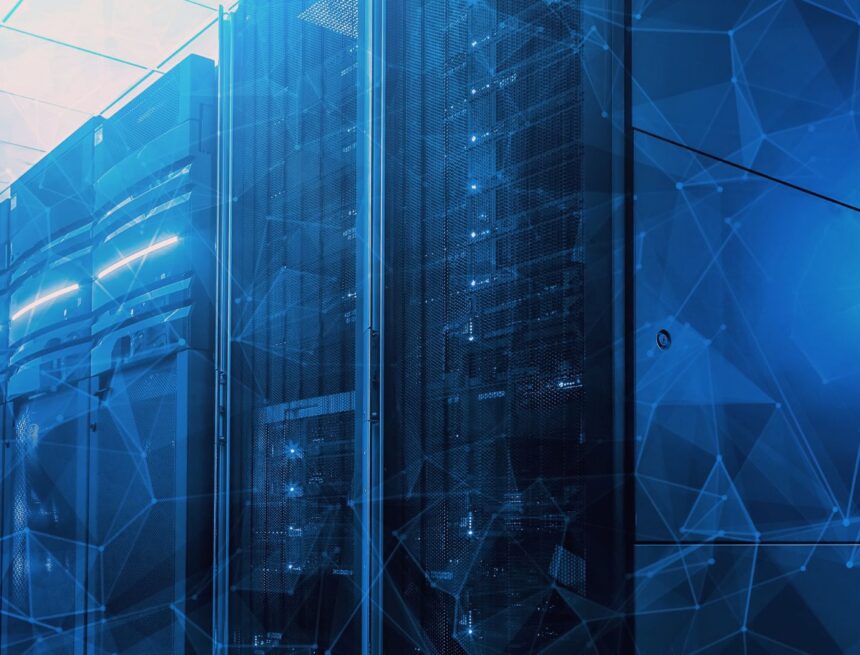 glowing rack server systems and digital tech environment