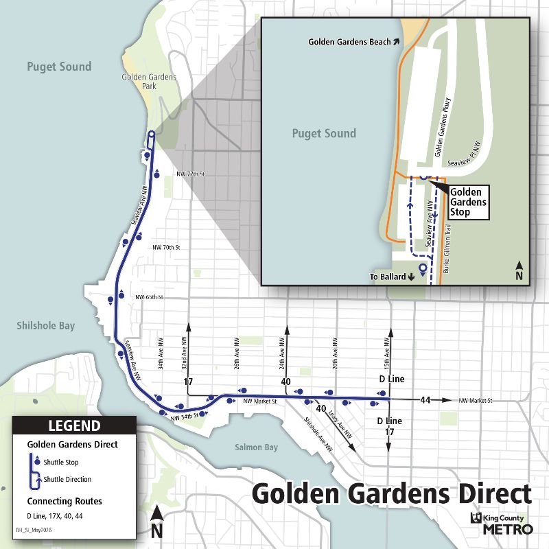 map illustration showing the Golden Gardens Direct bus line running from 15th Ave NW to Golden Garden Park
