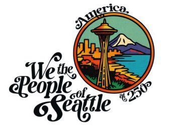 We the People of Seattle illustration of Seattle in a circle and the words "We the People of Seattle; America at 250"