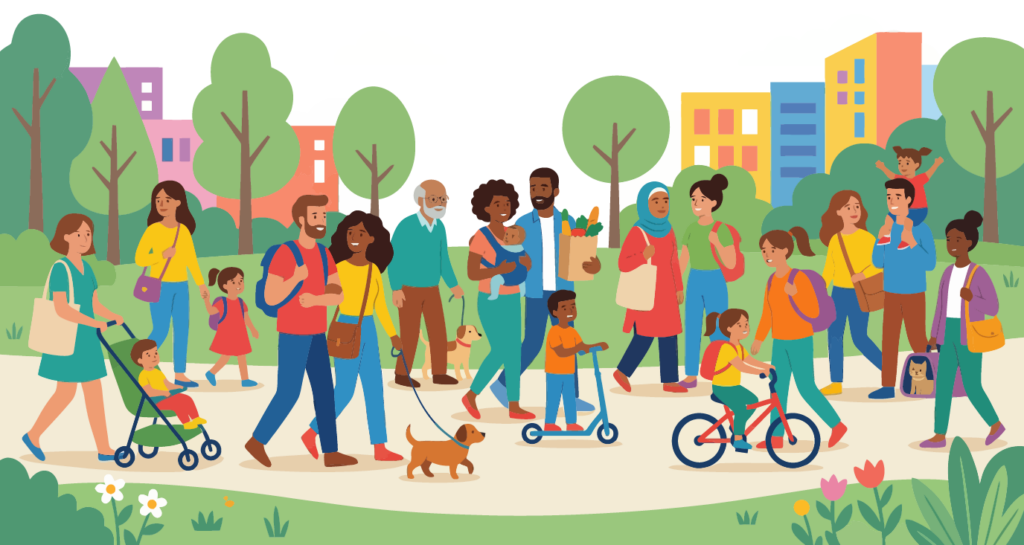 illustration of diverse people walking and biking with trees and a cityscape in the background