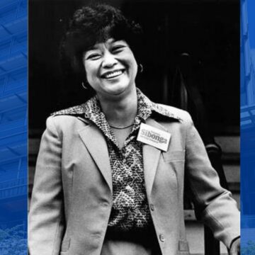 Dolores Sibonga in black and white photograph overlayed on a photo of Seattle city hall