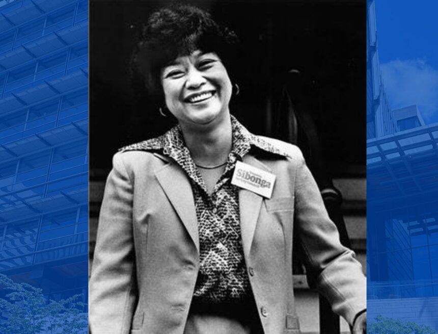 Dolores Sibonga in black and white photograph overlayed on a photo of Seattle city hall
